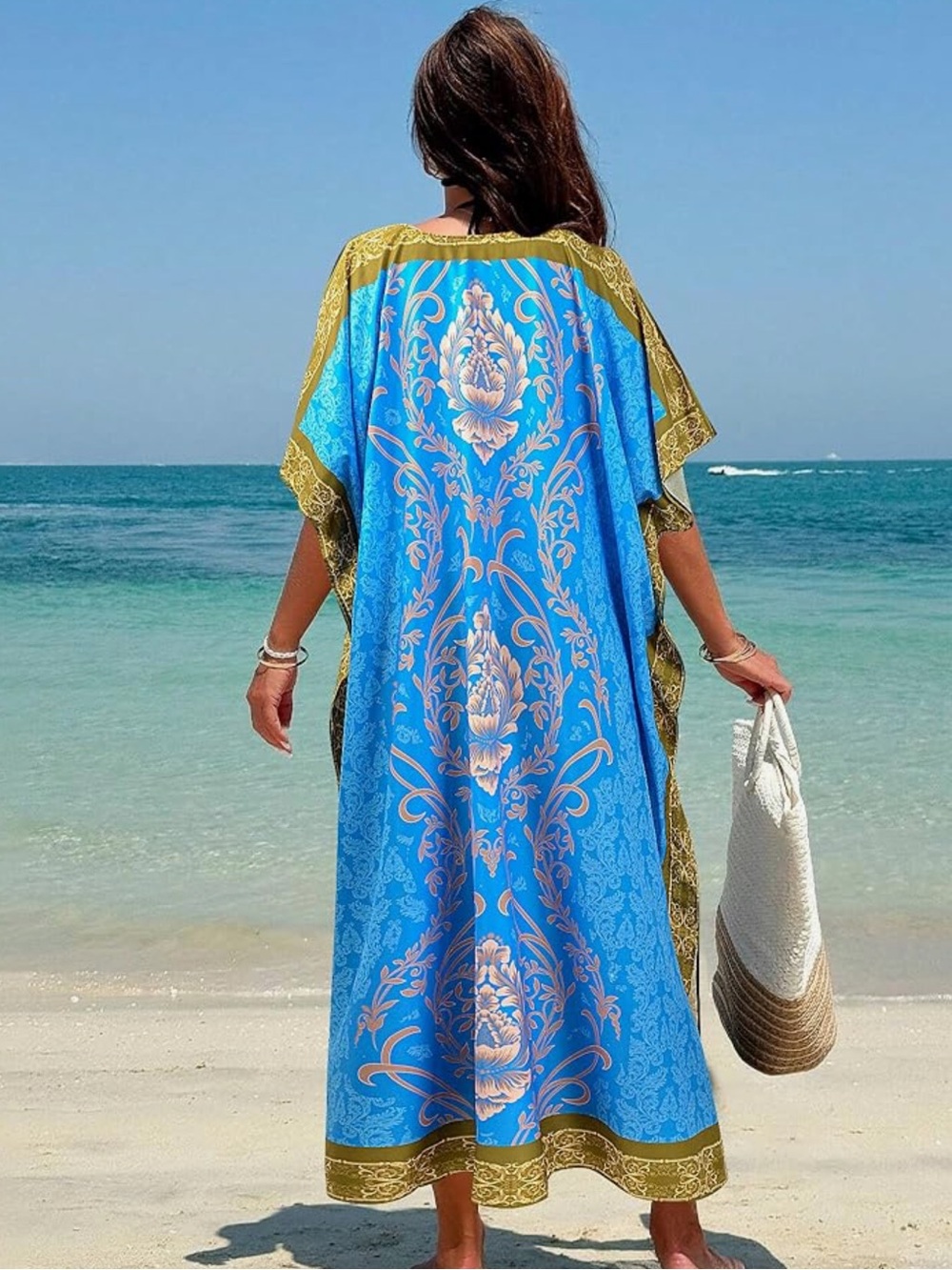 Womens moo moo dress Blue Floral Caftan with Olive Trim